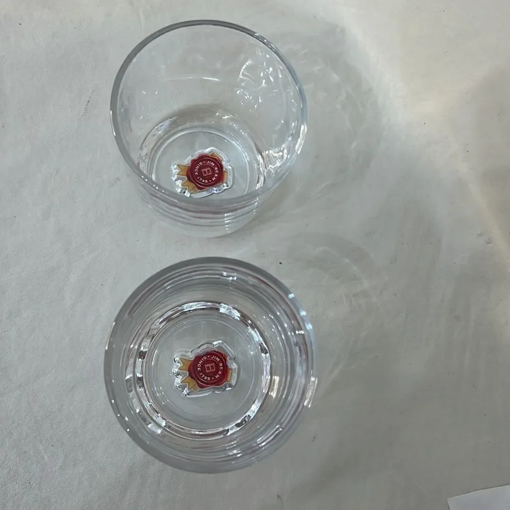Jim Beam Rocks Glasses 8 Oz Each 3 1/2 In Tall 3 In Round Set 2 Red Gold Logo